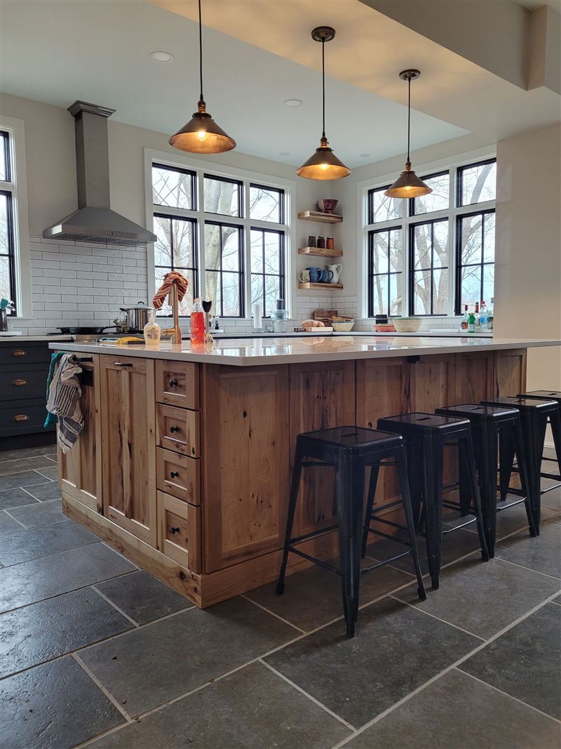 Rustic custom kitchen with large island and pendant lighting, Metro East Illinois